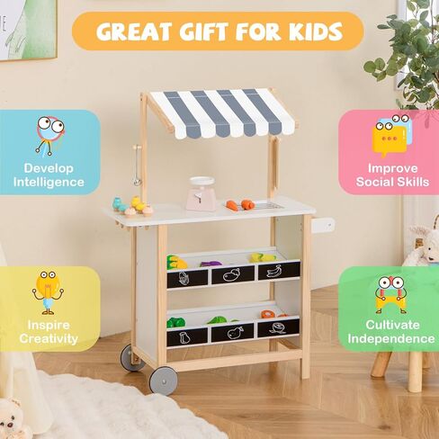 GLACER Pretend Play Kids Grocery Store, Wooden Farmer's Market Stand with Shelves, Produce Scale & Chalkboard, Portable Ice Cream Cart with Wheels & Canopy, Toddler Supermarket Toy for Boys Girls 3+ in Saudi Arabia