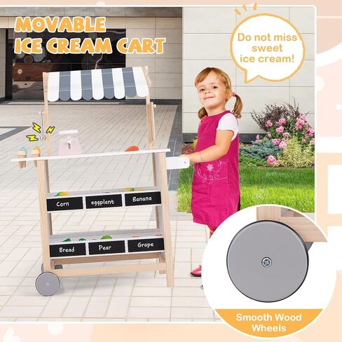 GLACER Pretend Play Kids Grocery Store, Wooden Farmer's Market Stand with Shelves, Produce Scale & Chalkboard, Portable Ice Cream Cart with Wheels & Canopy, Toddler Supermarket Toy for Boys Girls 3+ in Saudi Arabia