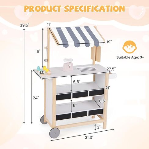GLACER Pretend Play Kids Grocery Store, Wooden Farmer's Market Stand with Shelves, Produce Scale & Chalkboard, Portable Ice Cream Cart with Wheels & Canopy, Toddler Supermarket Toy for Boys Girls 3+ in Saudi Arabia