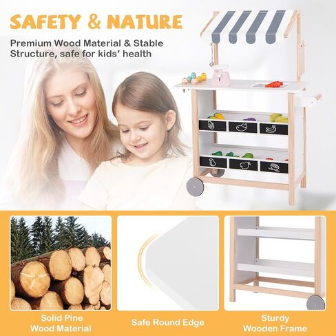 GLACER Pretend Play Kids Grocery Store, Wooden Farmer's Market Stand with Shelves, Produce Scale & Chalkboard, Portable Ice Cream Cart with Wheels & Canopy, Toddler Supermarket Toy for Boys Girls 3+ in Saudi Arabia