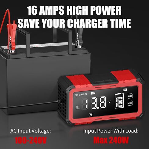 SWTsweter 16A Smart Battery Charger/Maintainer for Lithium-ion, LiFePO4, Lead Acid (AGM/Gel/SLA) - 12V/24V Automotive Charger for Car, Truck, SUV, Motorcycle, Boat, RV in Saudi Arabia