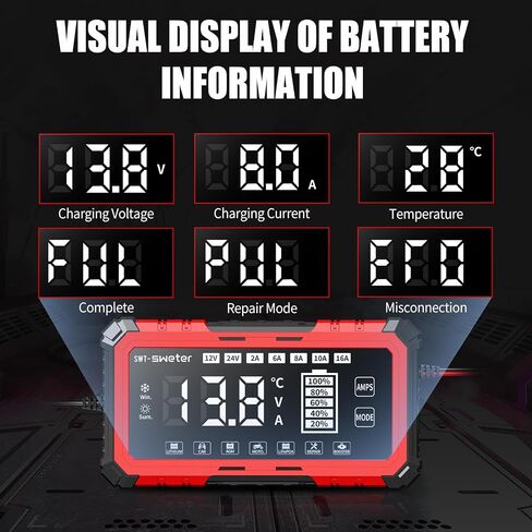 SWTsweter 16A Smart Battery Charger/Maintainer for Lithium-ion, LiFePO4, Lead Acid (AGM/Gel/SLA) - 12V/24V Automotive Charger for Car, Truck, SUV, Motorcycle, Boat, RV in Saudi Arabia
