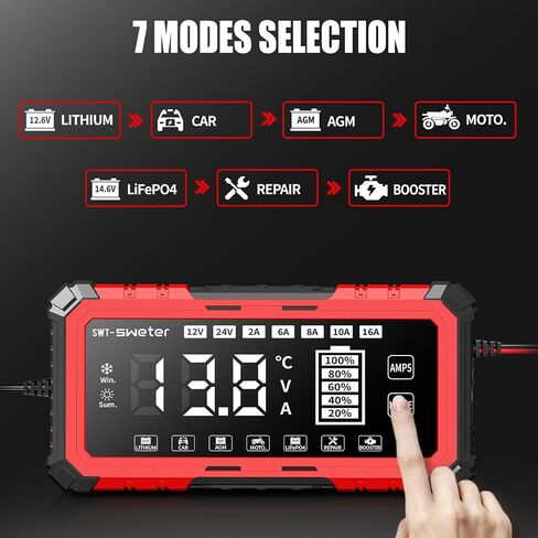 SWTsweter 16A Smart Battery Charger/Maintainer for Lithium-ion, LiFePO4, Lead Acid (AGM/Gel/SLA) - 12V/24V Automotive Charger for Car, Truck, SUV, Motorcycle, Boat, RV in Saudi Arabia