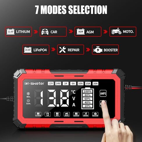 20A Smart Battery Charger/Maintainer for Lithium-ion, LiFePO4, Lead Acid (AGM/Gel/SLA) - 12V/24V Automotive Charger for Car, Truck, SUV, Motorcycle, Boat, RV in Saudi Arabia