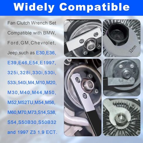 مجموعة مفتاح ربط مروحة القابض، مفتاح ربط أدوات مروحة القابض 32 مم و36 مم، لسيارات BMW، وFord، وGM، وشيفروليه، ودودج، ومجموعة إزالة قابض مروحة جيب، وحامل مضخة المياه، ومفتاح ربط صامولة قابض المروحة ومجموعة إزالة (أسود) in Saudi Arabia