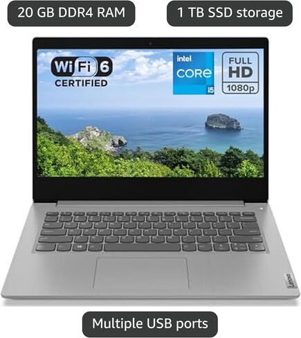 Lenovo Ideapad 3 14" FHD(1920 x 1080) Laptop, Intel Core i5-1135G7 Quad-core (2.4GHz), HDMI, Camera, Windows 11 Home, 20GB RAM, 1TB SSD, Intel Iris Xe Graphics, Platinum Grey, EAT 64GB SD Card in Saudi Arabia