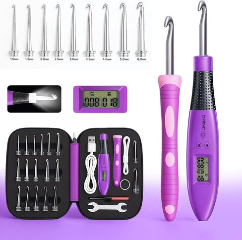 Light Up Crochet Hook Set with Stitch Counter,Crochet Kit with 18 Different Size Interchangeable Crochet Needle,Ergonomic with 2 Levels Led and Digital Stitch Counter for Crocheting and Knitting in Saudi Arabia