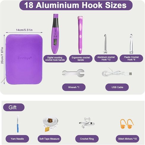 Light Up Crochet Hook Set with Stitch Counter,Crochet Kit with 18 Different Size Interchangeable Crochet Needle,Ergonomic with 2 Levels Led and Digital Stitch Counter for Crocheting and Knitting in Saudi Arabia