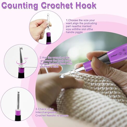 Light Up Crochet Hook Set with Stitch Counter,Crochet Kit with 18 Different Size Interchangeable Crochet Needle,Ergonomic with 2 Levels Led and Digital Stitch Counter for Crocheting and Knitting in Saudi Arabia