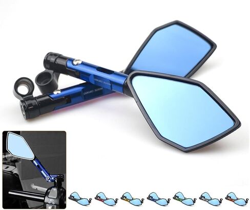 1pair Universal CNC Aluminum Motorcycle Handlebar Rear View Mirrors Blue Anti-glare Mirror(Long Gold) in Saudi Arabia