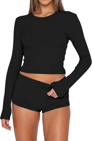 INFITTY Sexy Pajama Set for Women 2 Piece Crew Neck Long Sleeve Pj Soft Top and Shorts Sleepwear Set in Saudi Arabia