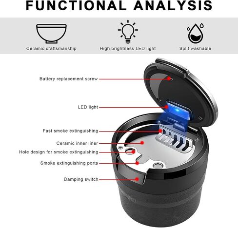 منفضة سجائر السيارة مع غطاء، صينية رماد تلقائية بدون دخان قابلة للفصل مع ضوء أزرق LED، منفضة سجائر محمولة لحامل أكواب السيارة وفتحة تهوية في المنزل والمكتب، وإكسسوارات السيارة الداخلية (أسود) in Kuwait