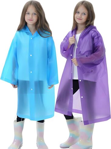 2 Pack Raincoats for Kids, Reusable Rain Ponchos with Hood and Sleeves Rain Coats for Boys and Girls in Kuwait