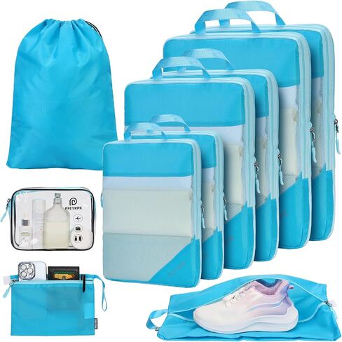 Ultralight Compression Packing Cubes for Travel,Expandable Packing Organizers for carry on Suitcase With Clear Toiletries Bag and Backpack Bag 7 Set in Saudi Arabia