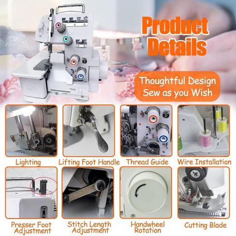 Serger Sewing Machine, Desktop Overlock Sewing Machine with LED Light and Accessories Kit, for Lapel Padding Hemming Sewing in Saudi Arabia