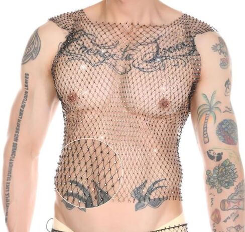 Men's Rave Outfit Sheer Rhinestone Top Sleeveless Tanks Crop Top Fishnet Vest Self-tie Wrap Mini Skirt in Kuwait