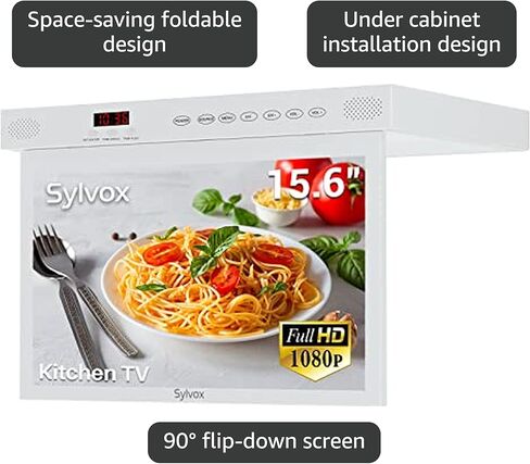 SYLVOX 15.6" Flip Down Smart TV Under Cabinet TV Supports 360 Degree Rotation WiFi & Wireless Connection, Storage Design for Kitchen Bedroom RV Yacht (Wood Grain Color) in Kuwait