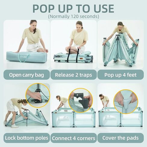 روضة أطفال قابلة للطي، ساحة لعب كبيرة من iTiLike مع حصيرة سميكة قابلة للفصل، روضة للأطفال الرضع والأطفال الصغار مع حقيبة تخزين، أقلام لعب مع بوابة، ساحة لعب محمولة داخلية وخارجية، سياج أطفال قوي in Kuwait