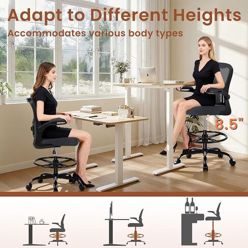 كرسي مكتب للصياغة - كرسي مكتب طويل مريح مع حلقة مسند للقدمين قابلة للتعديل - كرسي مكتب قائم قابل للتعديل بارتفاع قابل للتعديل مع دعم قطني ومساند للذراعين قابلة للطي للمنزل in Kuwait