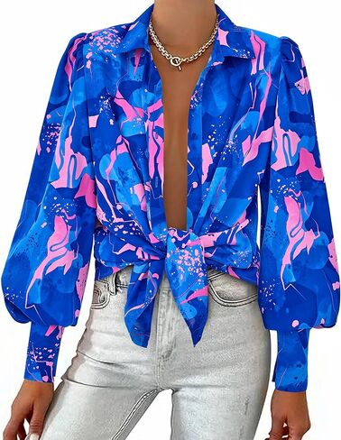 BTFBM Women Fashion Button Down Shirts Lapel V Neck Printed Casual Long Sleeve Blouse Boho Dressy Summer Fall Tops 2023 in Saudi Arabia