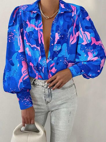 BTFBM Women Fashion Button Down Shirts Lapel V Neck Printed Casual Long Sleeve Blouse Boho Dressy Summer Fall Tops 2023 in Saudi Arabia