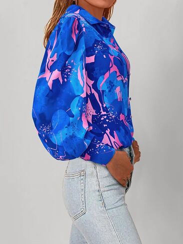 BTFBM Women Fashion Button Down Shirts Lapel V Neck Printed Casual Long Sleeve Blouse Boho Dressy Summer Fall Tops 2023 in Saudi Arabia