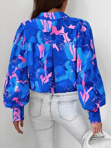BTFBM Women Fashion Button Down Shirts Lapel V Neck Printed Casual Long Sleeve Blouse Boho Dressy Summer Fall Tops 2023 in Saudi Arabia