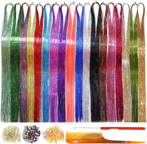 Tinsel Hair Tools Kit 18 Colors Fairy Hair Strands for Girls Kids for Cosplay Party Gift(18 Colors+Tools, 47 Inches) in Saudi Arabia