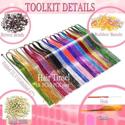 Tinsel Hair Tools Kit 18 Colors Fairy Hair Strands for Girls Kids for Cosplay Party Gift(18 Colors+Tools, 47 Inches) in Saudi Arabia