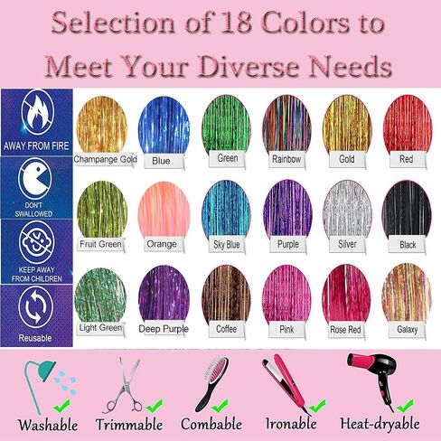 Tinsel Hair Tools Kit 18 Colors Fairy Hair Strands for Girls Kids for Cosplay Party Gift(18 Colors+Tools, 47 Inches) in Saudi Arabia