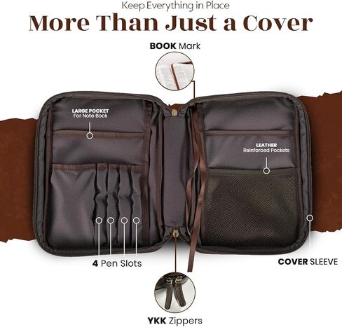 Leather Bible Cover Case - Premium Bible Cover for Men Featuring Soft Suede Lining & Multiple Pockets - Secure Carry Handle & Bookmark Ribbon - Essential Mens Bible Case for Daily Devotion in Saudi Arabia