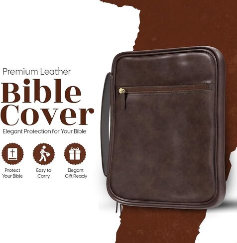 Leather Bible Cover Case - Premium Bible Cover for Men Featuring Soft Suede Lining & Multiple Pockets - Secure Carry Handle & Bookmark Ribbon - Essential Mens Bible Case for Daily Devotion in Saudi Arabia