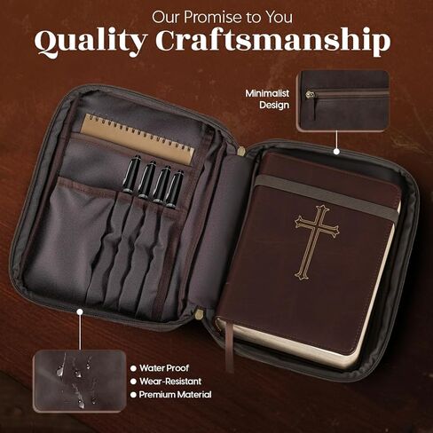 Leather Bible Cover Case - Premium Bible Cover for Men Featuring Soft Suede Lining & Multiple Pockets - Secure Carry Handle & Bookmark Ribbon - Essential Mens Bible Case for Daily Devotion in Saudi Arabia