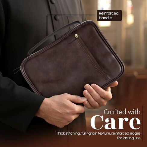 Leather Bible Cover Case - Premium Bible Cover for Men Featuring Soft Suede Lining & Multiple Pockets - Secure Carry Handle & Bookmark Ribbon - Essential Mens Bible Case for Daily Devotion in Saudi Arabia