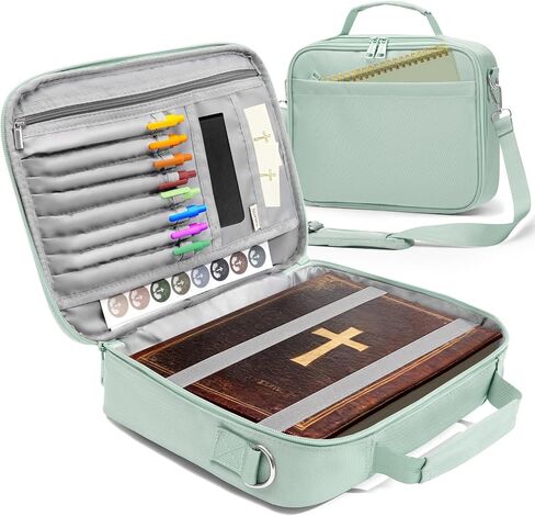 SUNEE Bible Cover for Women, Large Bible Bag w/Shoulder Strap Carrying Book Case w/Pen Slots and Zippered Pocket, Gift for Women & Men, Sage Green in Saudi Arabia