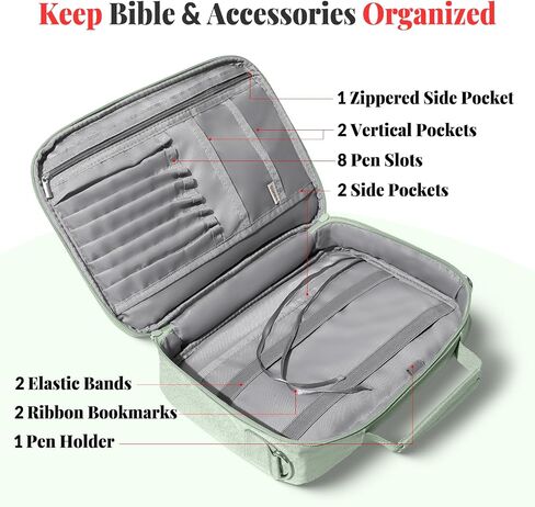 SUNEE Bible Cover for Women, Large Bible Bag w/Shoulder Strap Carrying Book Case w/Pen Slots and Zippered Pocket, Gift for Women & Men, Sage Green in Saudi Arabia