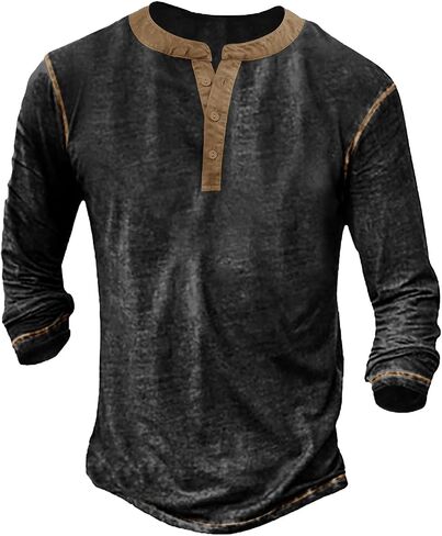 Yousify Mens Henley Shirt Long Sleeve Casual Cotton Basic T Shirts Button Washed Retro Lightweight Tee Tops in Saudi Arabia