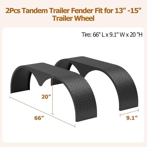2Pcs Tandem Trailer Fender Double Axle,9.1"x 66"x 20" Teardrop Enclosed Trailer Fender Replacement,Steel Plate Tandem Axle Trailer Fenders Fit for 13-15 Inch Wheels in Saudi Arabia
