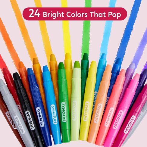SYNCFUN 24 Pcs Twistable Silky Crayons, Washable Crayons for Paper, Easy to Hold & Quick-Drying Art Supplies, Non-Toxic, Mess Free, Birthday Gifts for Kids Ages 3 and Up, Crafts Supplies in Saudi Arabia