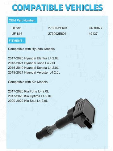 Set of 4 UF816 Ignition Coil Pack (2.0L ONLY) For Hyundai Elantra 2017-2020,Kona 2018-2021,Sonata 2016-2019,Veloster 2019-2021; For Kia Forte Optima 2017-2020,Soul 2020-2022,# 273002E601 in Saudi Arabia