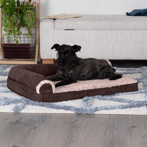 Furhaven Cooling Gel Dog Bed for Medium/Small Dogs w/ Removable Bolsters & Washable Cover, For Dogs Up to 35 lbs - Plush & Almond Print L Shaped Chaise - Gray Almonds, Medium in Saudi Arabia