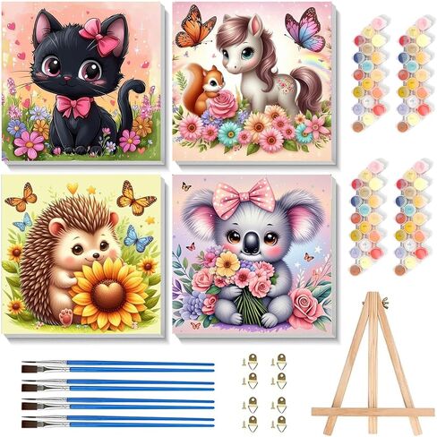 4 Pack Paint by Numbers Kit for Kids with Frame - Wooden Easel, Animal Paint by Numbers for Kids Ages 4 8 12, Easy Owl Cat Sloth Zebra Acrylic Oil Painting Kits for Home Wall Decoration 8x8 inch in Kuwait