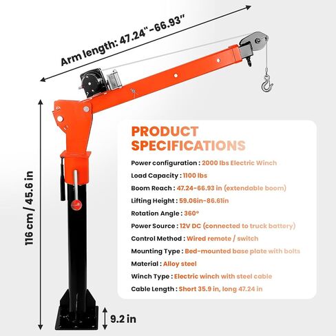 Truck Pickup Crane, 2000 LBS Capacity Truck Bed Crane with 2000 LBS Electric Winch 12V - 360° Rotation, 3 - Stage Adjustable Boom, Ideal for Engine Hoist, Pickup Bed Unloader in Kuwait