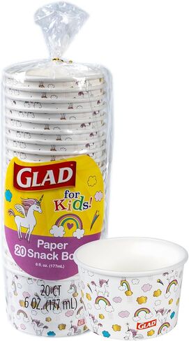 Glad for Kids Unicorn Paper MINI Snack Bowls, Lids Not Included - Heavy Duty Disposable Snack Cups with Unicorns for Kids 6 Ounces, 20 Count in Kuwait