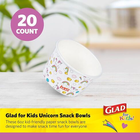 Glad for Kids Unicorn Paper MINI Snack Bowls, Lids Not Included - Heavy Duty Disposable Snack Cups with Unicorns for Kids 6 Ounces, 20 Count in Kuwait
