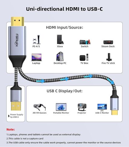 HDMI to USB C Adapter Cable 4K60Hz 6.6FT, HDMI Source Input to USB Type C Output Display Converter, HDMI 2.0 Compatible with Xreal Air, Nreal Air, Steam Deck Dock, PS5, Xbox, Portable Monitor in Kuwait