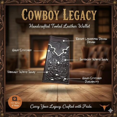 Men’s Long Leather Wallet – Laser Cut Floral Rodeo Bifold with Embossed Longhorn Design – Cowboy Checkbook Wallet for Ranchers, Rodeo Fans & Western Gifts in Saudi Arabia