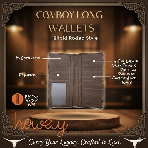 Men’s Long Leather Wallet – Laser Cut Floral Rodeo Bifold with Embossed Longhorn Design – Cowboy Checkbook Wallet for Ranchers, Rodeo Fans & Western Gifts in Saudi Arabia