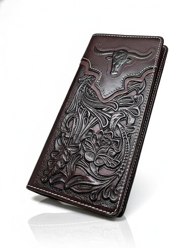 Men’s Long Leather Wallet – Laser Cut Floral Rodeo Bifold with Embossed Longhorn Design – Cowboy Checkbook Wallet for Ranchers, Rodeo Fans & Western Gifts in Saudi Arabia