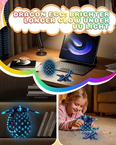 3D Printed Dragon Eggs with Wings Rainbow Glow in The Dark Cool,Articulated Crystal Animals Fidget Toy,Stuff Fun Dinosaur Egg Toy for Kids in Saudi Arabia